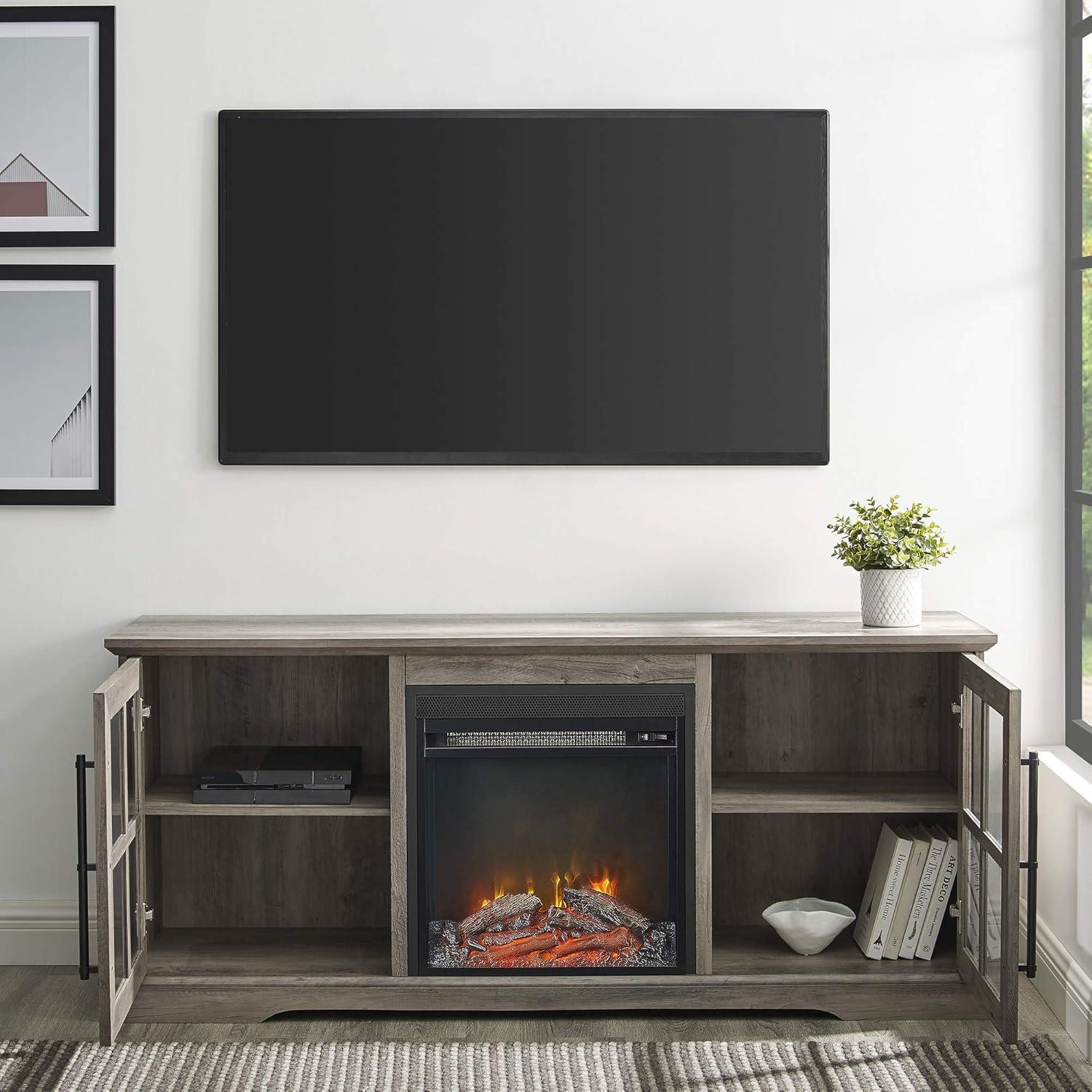 image:imageWalker Edison Rustic Farmhouse Wood and Glass Fireplace TV Stand with 2 Cabinet Doors for TVs up to 65 60 Inch Grey