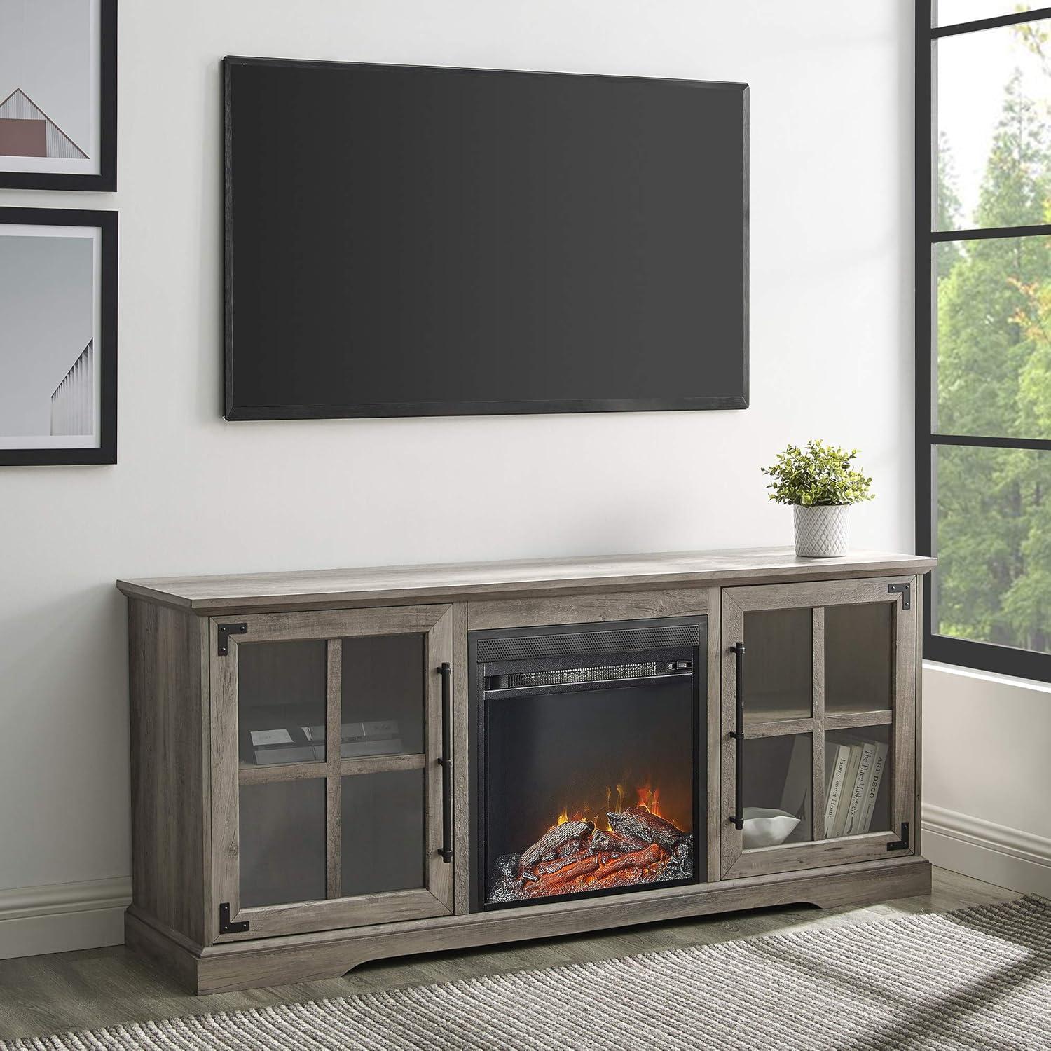 image:imageWalker Edison Rustic Farmhouse Wood and Glass Fireplace TV Stand with 2 Cabinet Doors for TVs up to 65 60 Inch Grey