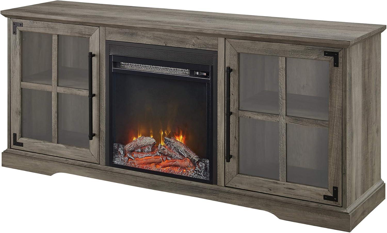 image:imageWalker Edison Rustic Farmhouse Wood and Glass Fireplace TV Stand with 2 Cabinet Doors for TVs up to 65 60 Inch Grey