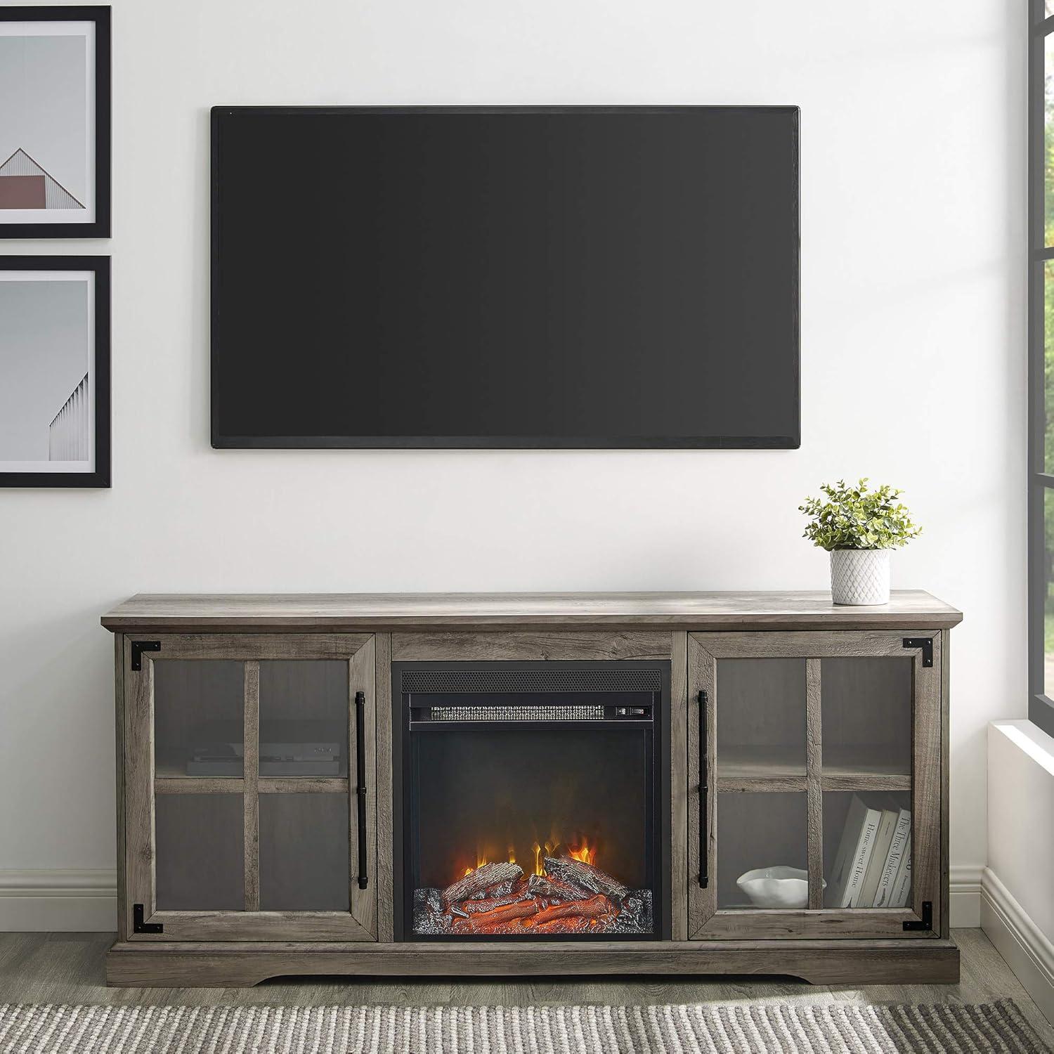 image:imageWalker Edison Rustic Farmhouse Wood and Glass Fireplace TV Stand with 2 Cabinet Doors for TVs up to 65 60 Inch Grey
