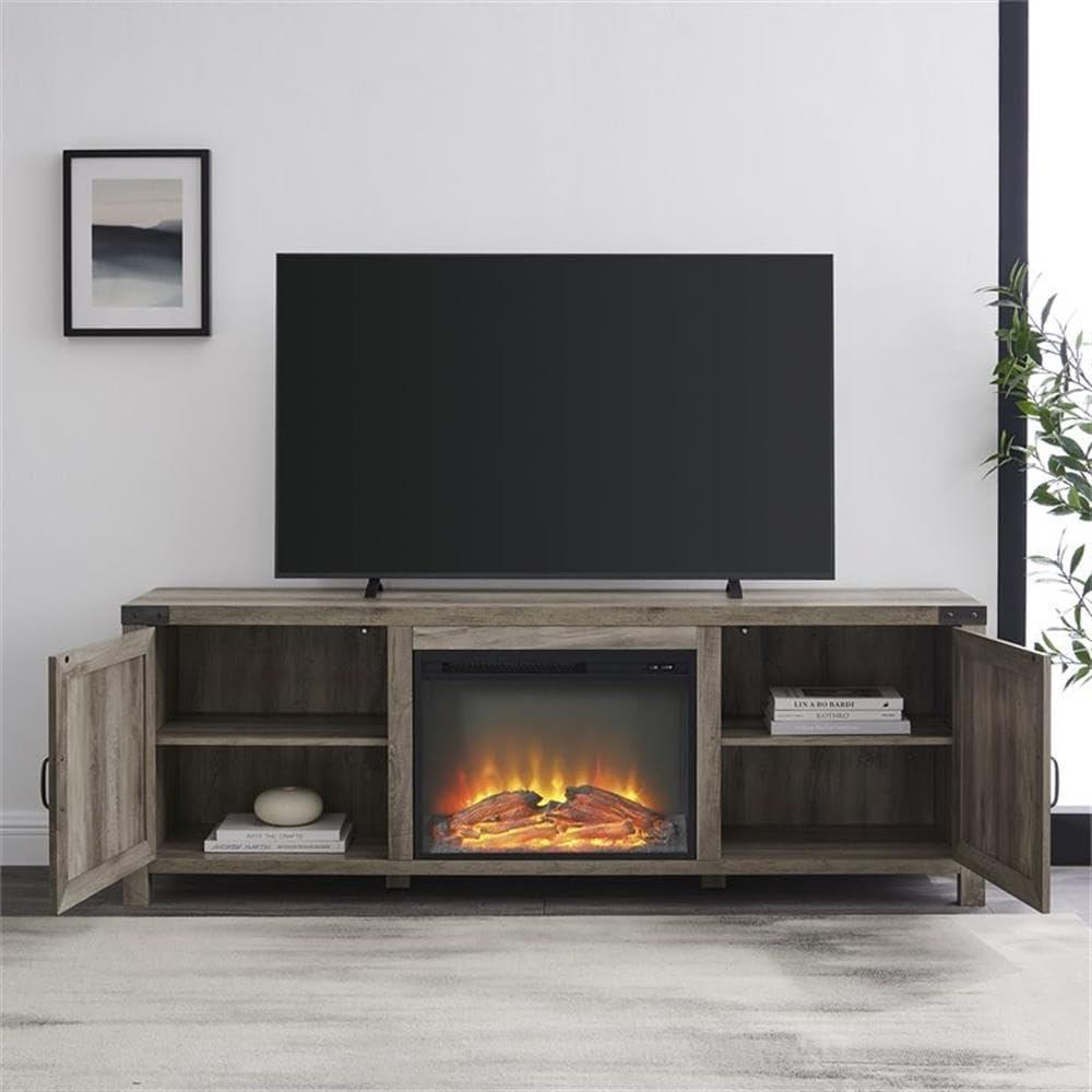 image:imageWalker Edison Sayer Modern Farmhouse Barn Door Fireplace Stand for TVs up to 80 Inches 70 Inch Grey Wash