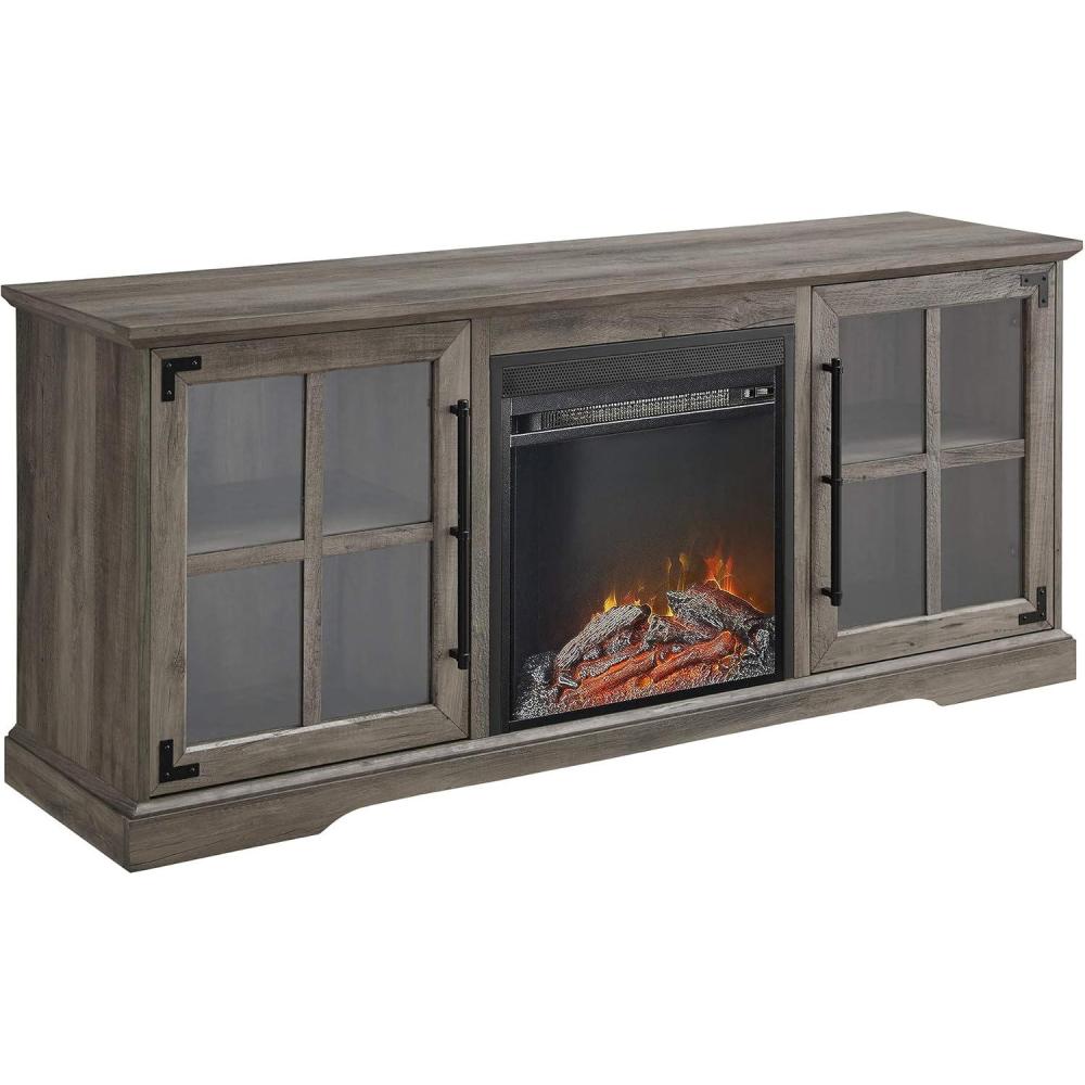 image:imageWalker Edison Rustic Farmhouse Wood and Glass Fireplace TV Stand with 2 Cabinet Doors for TVs up to 65 60 Inch Grey