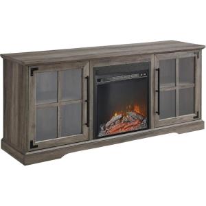 Walker Edison Rustic Farmhouse Wood and Glass Fireplace TV Stand with 2 Cabinet Doors for TV’s up to 65″, 60 Inch, Grey
