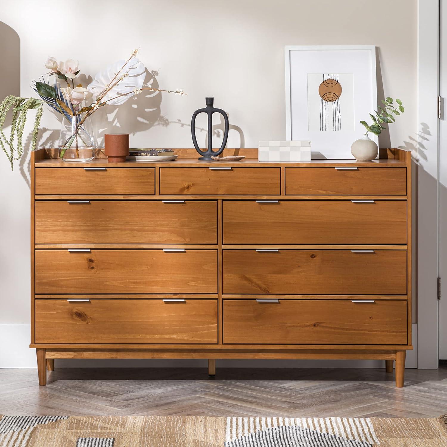 image:imageWalker Edison Blythe MidCentury Modern TrayTop Solid Wood 9Drawer Dresser 60 Inch WhiteCaramel
