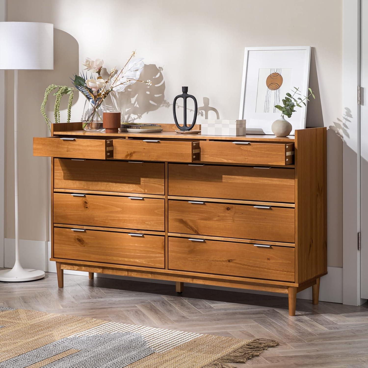 image:imageWalker Edison Blythe MidCentury Modern TrayTop Solid Wood 9Drawer Dresser 60 Inch WhiteCaramel
