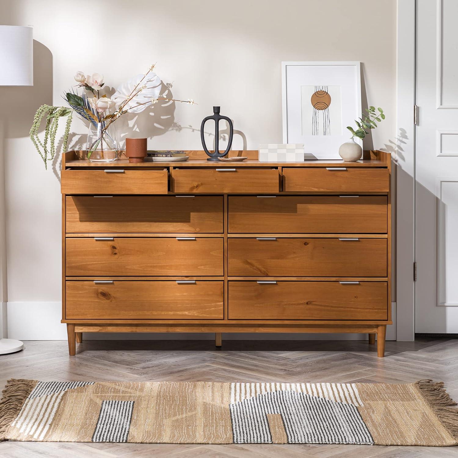 image:imageWalker Edison Blythe MidCentury Modern TrayTop Solid Wood 9Drawer Dresser 60 Inch WhiteCaramel