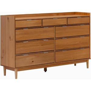 Walker Edison Blythe Mid-Century Modern Tray-Top Solid Wood 9-Drawer Dresser 60 Inch White(Caramel)